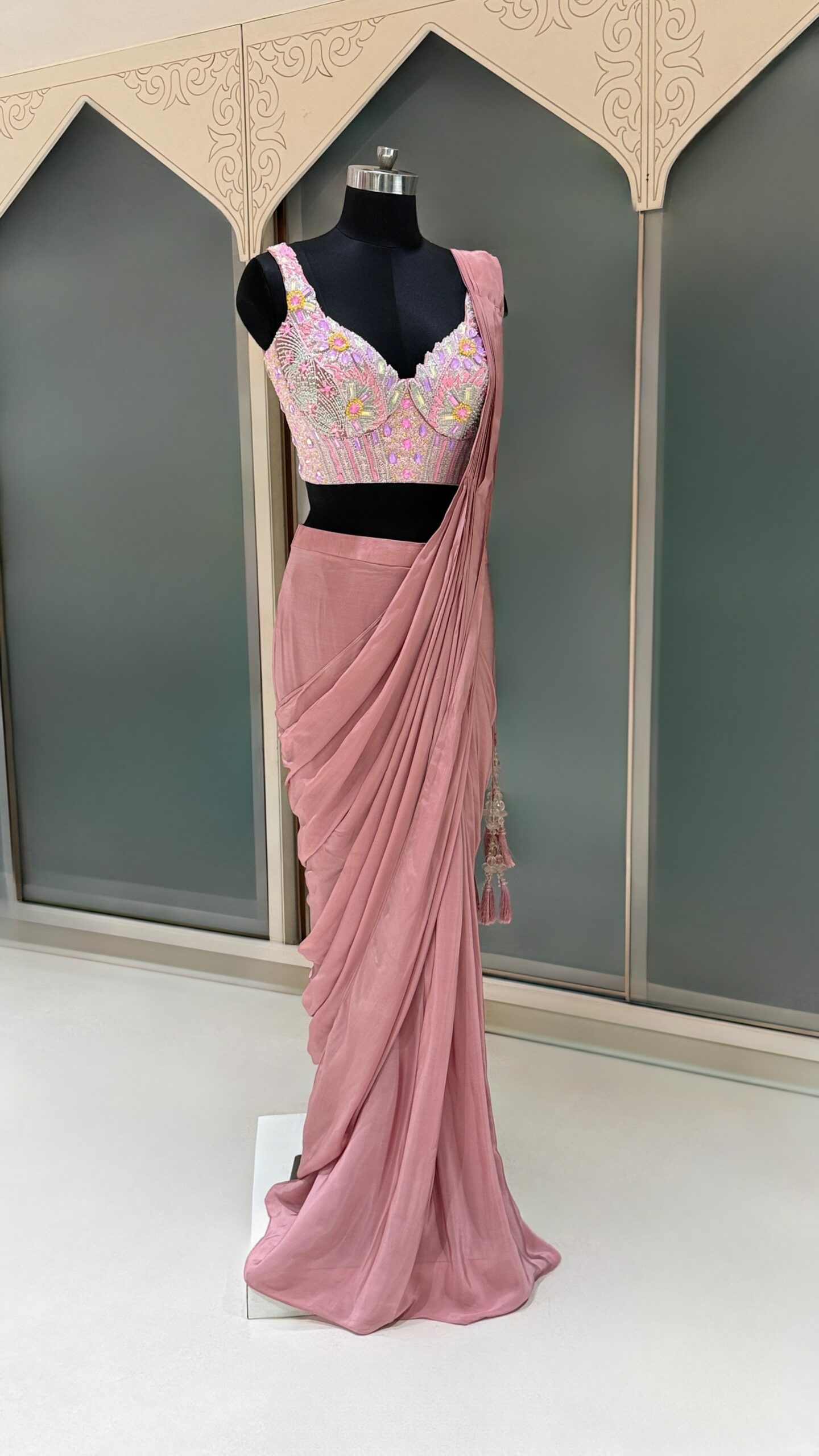 EH Rose Whisper 14 dusty pink ready-to-wear saree with embellished floral blouse