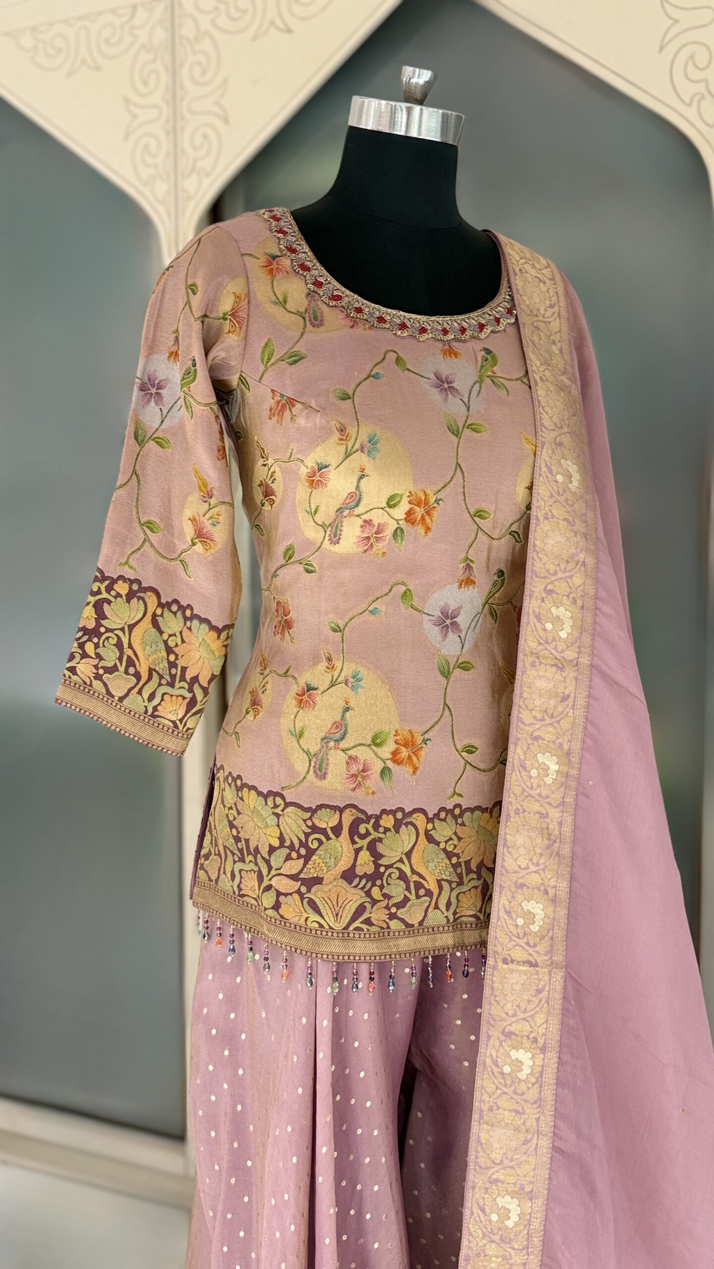 EH Blush Garden 11 blush pink embroidered sharara suit with floral bird motifs and matching dupatta