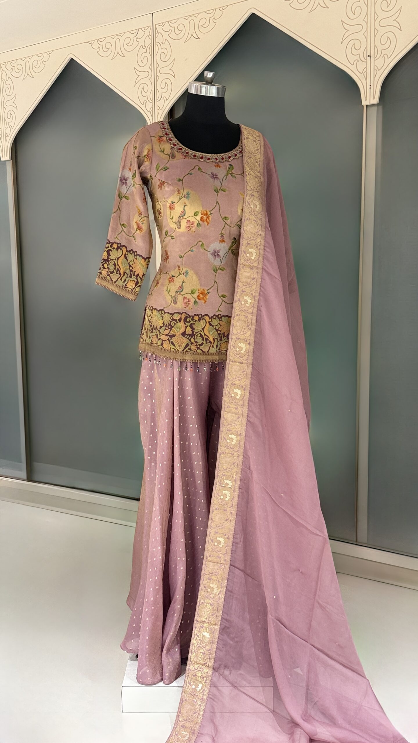 EH Blush Garden 11 blush pink embroidered sharara suit with floral bird motifs and matching dupatta
