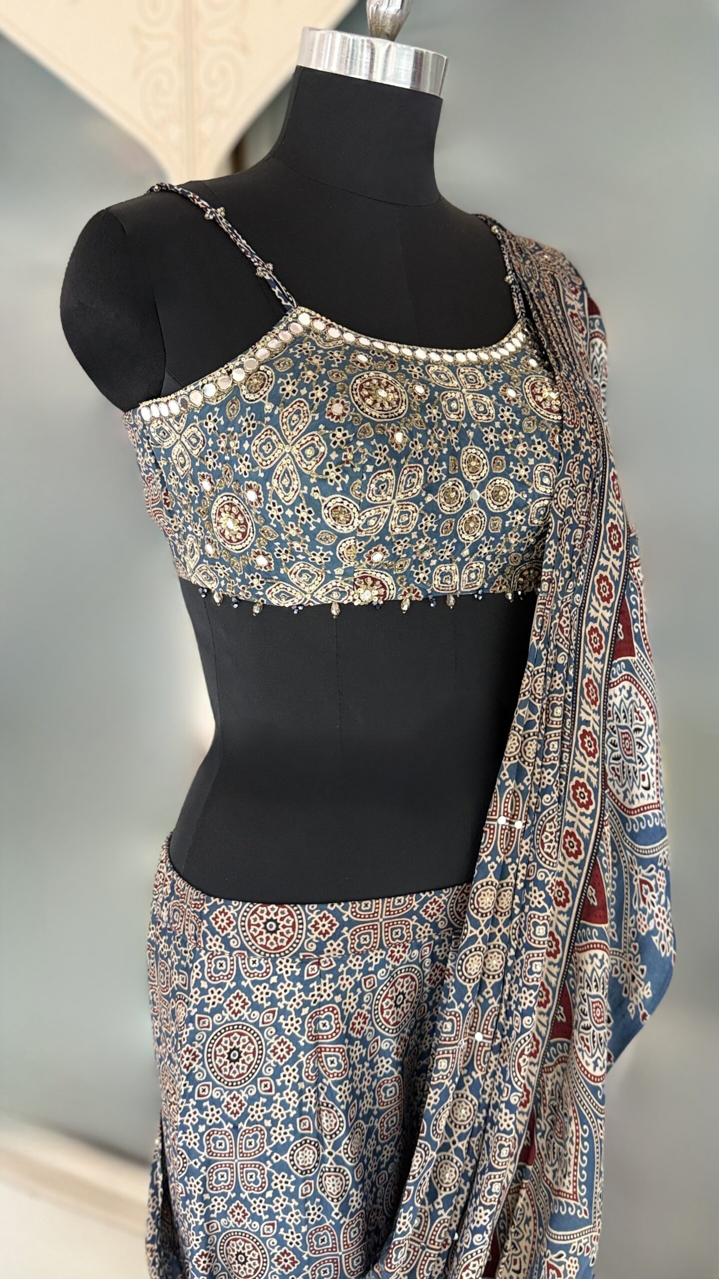 EH Indigo Heritage 10 blue Ajrakh print ready-to-wear saree with embellished mirror work blouse