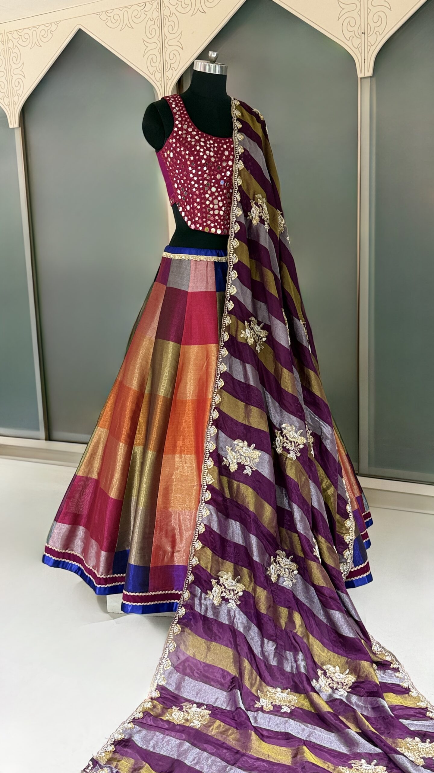 EH Sunset Muse 02 | Multicolor Mirror Work Lehenga Set with Embroidered Plum Dupatta - Image 5