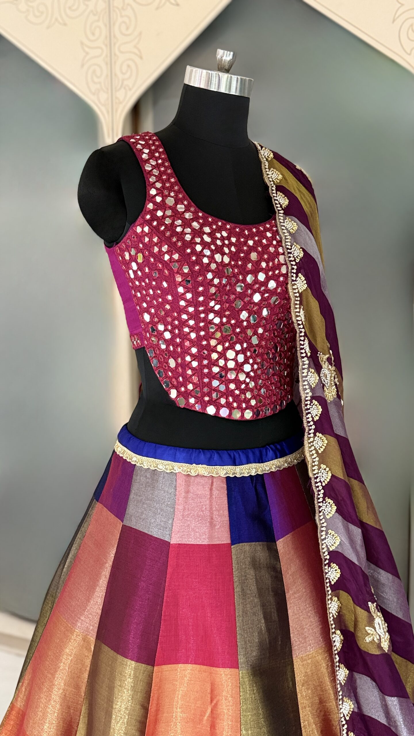 EH Sunset Muse 02 | Multicolor Mirror Work Lehenga Set with Embroidered Plum Dupatta - Image 4