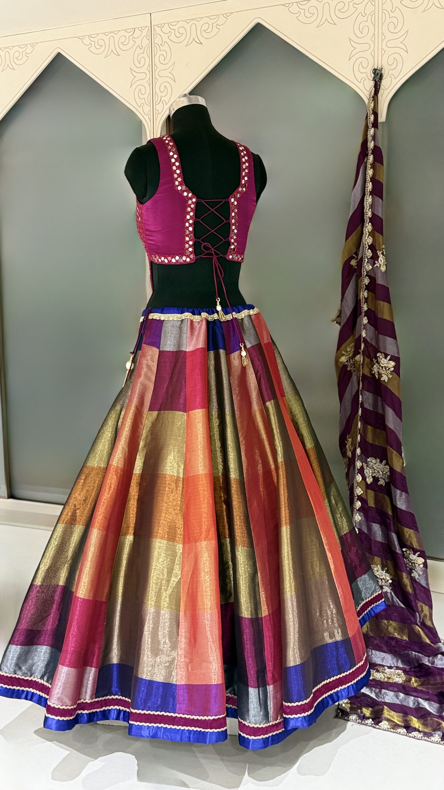 EH Sunset Muse 02 | Multicolor Mirror Work Lehenga Set with Embroidered Plum Dupatta - Image 3