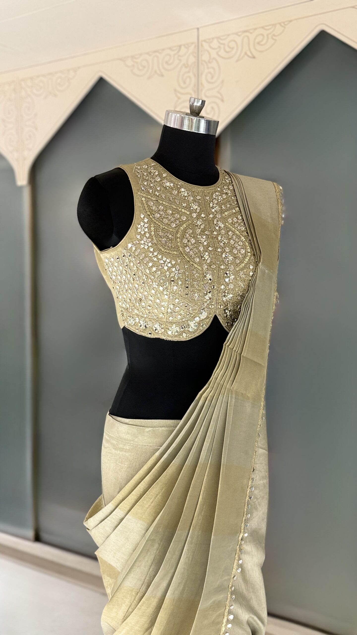 EH Champagne Radiance 08 champagne designer saree with mirror work embroidered blouse