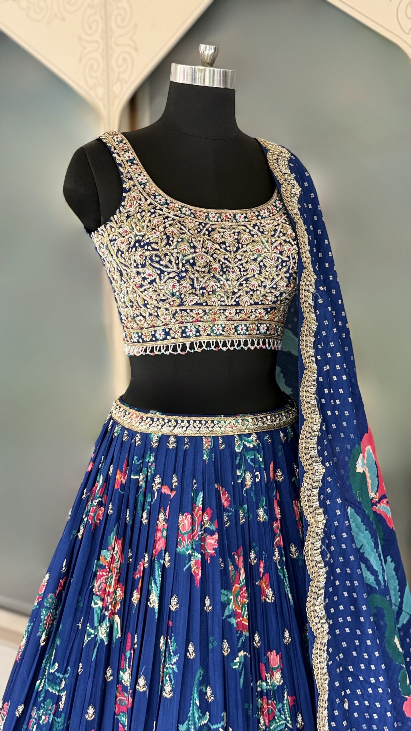 EH Midnight Bloom 05 navy blue floral lehenga with embroidered blouse and dupatta