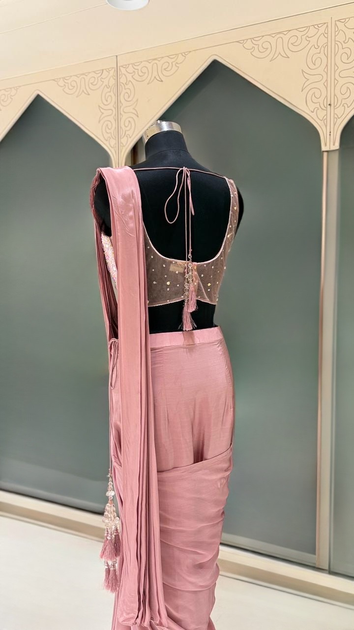 EH Rose Whisper 14 dusty pink ready-to-wear saree with embellished floral blouse