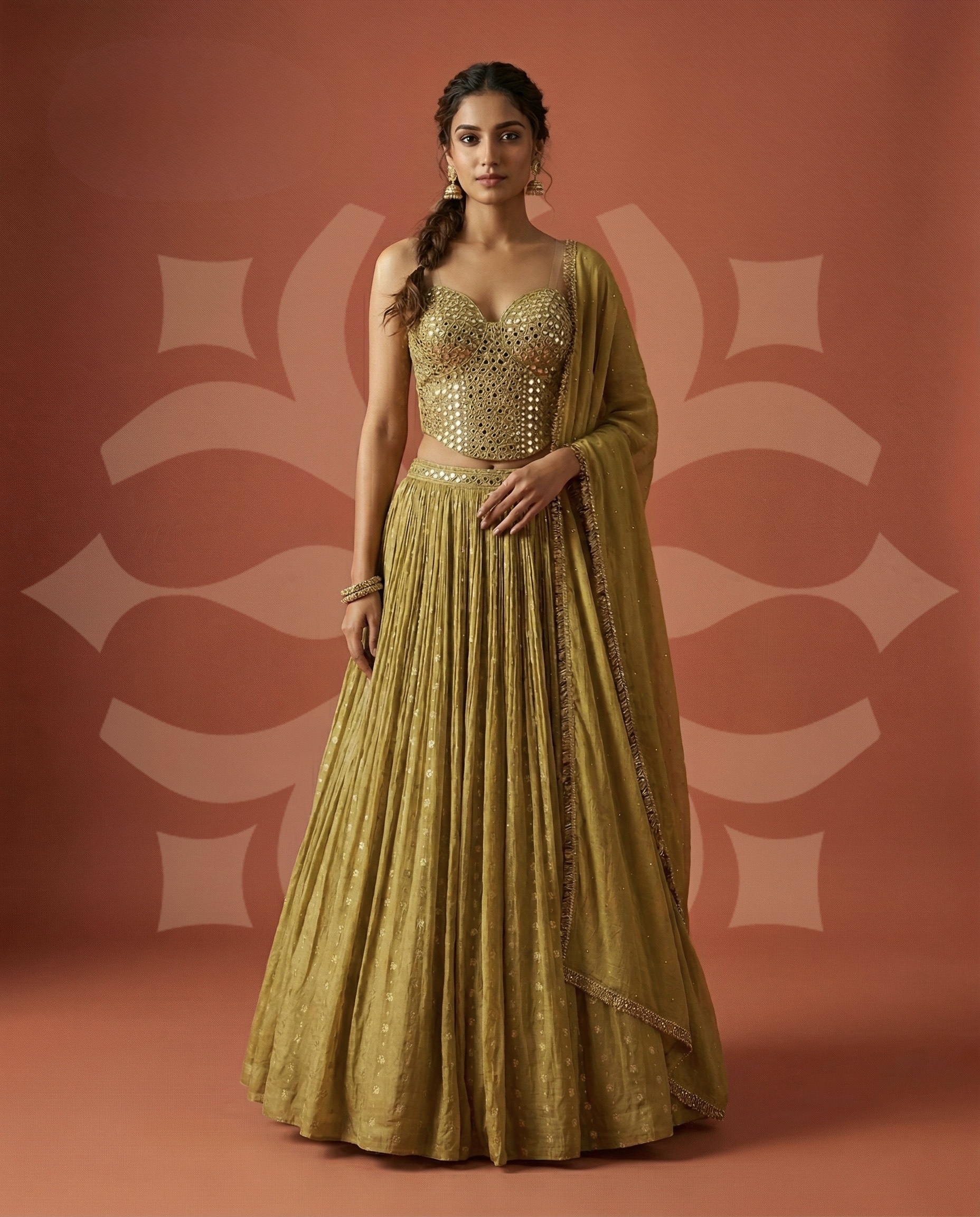 EH Olive Stardust 07 olive green mirror work lehenga with corset blouse and embellished dupatta