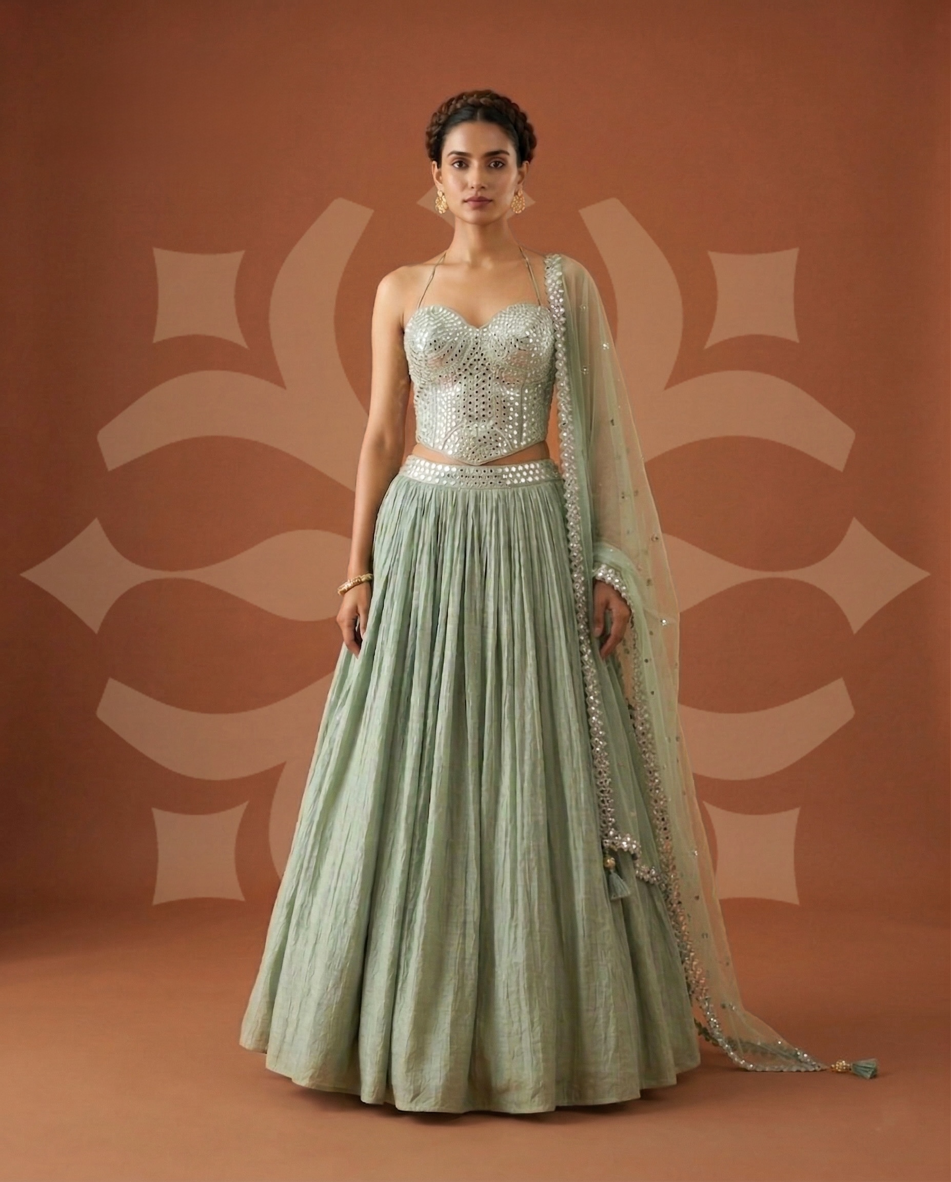 EH Mint Mirage 09 mint green designer lehenga with mirror work corset blouse and embellished dupatta